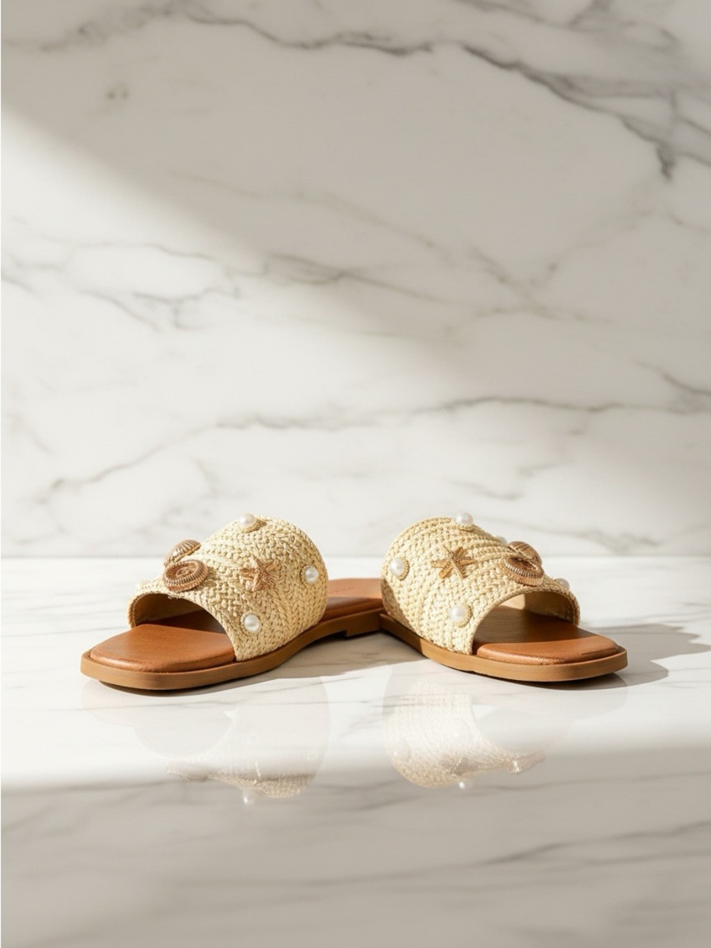 Wild Diva Natural Woven Slide Sandals with Shell & Pearl Accents